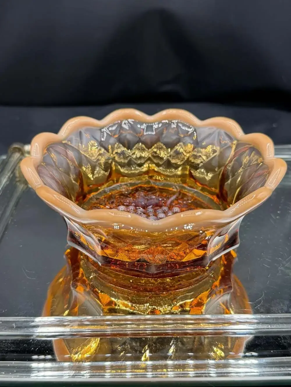 Vintage Fenton Art Glass Amber Opalescent Quilted Grape Pattern Scalloped Bowl